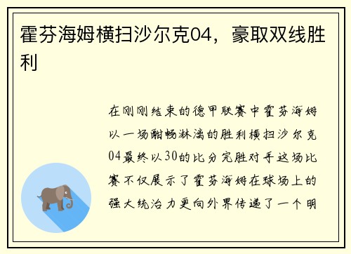 霍芬海姆横扫沙尔克04，豪取双线胜利
